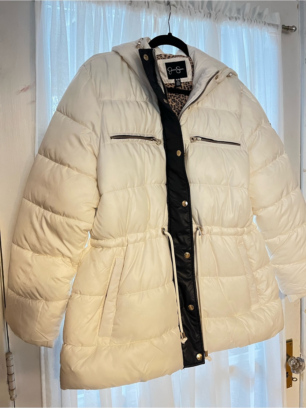 Jessica Simpson Cream Puffer Coat with Black Contrast Placket